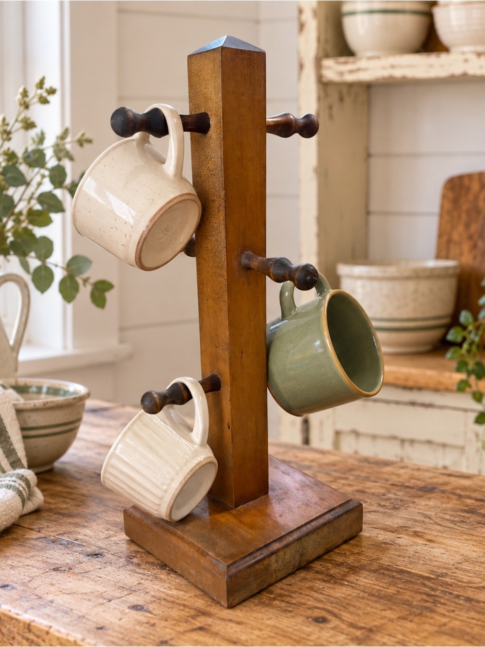 Vintage Jim’s Woodcrafts Wooden Mug Tree Cup Holder Display Rack Wisconsin